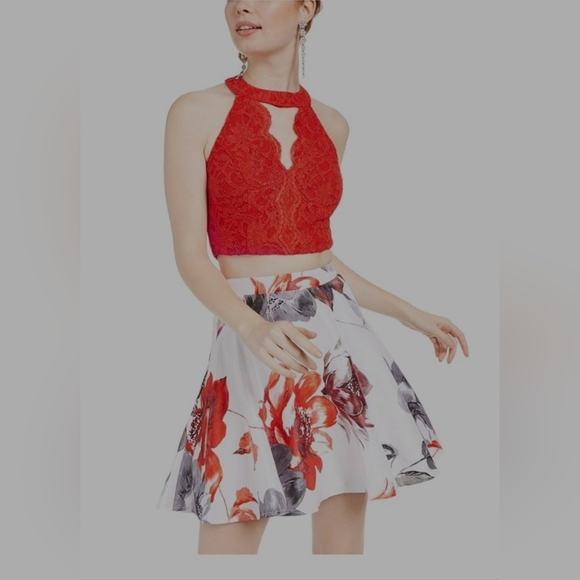 City Studio Red and Gray Skater Mini Skirt - Picture 1 of 9